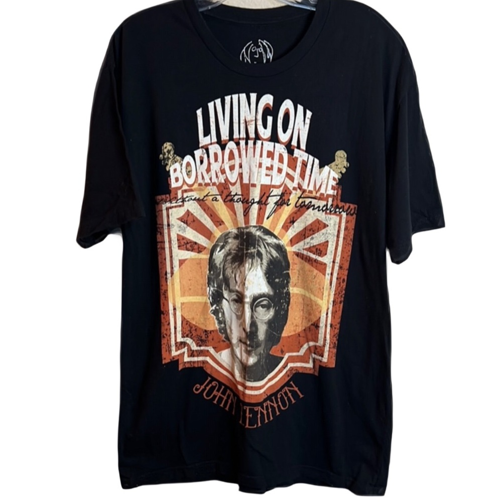 John Lennon XL Living‎ On Borrowed Time Retro Black Orange Vintage Band Tee